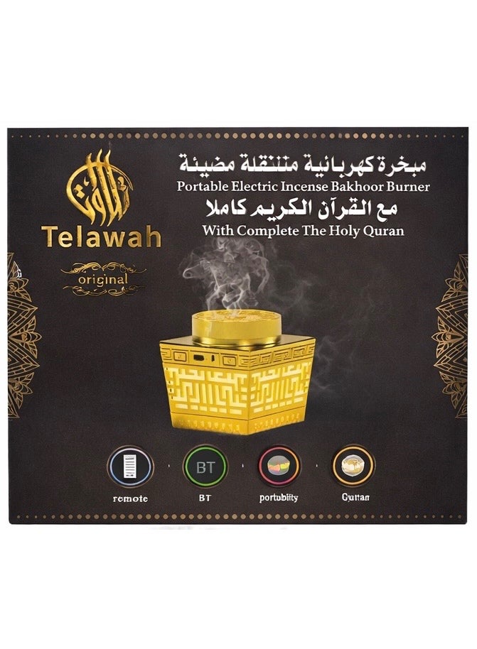 تلواح •	🔥 Electric Bakhoor Burner – Fast heating system for quick smoke without charcoal 	•	📖 Complete Holy Quran Speaker – Full Quran recitation with multiple reciters 	•	🎵 Bluetooth Connectivity – Connect mobile phone for audio playback 	•	🎮 Remote Control Included – Easy control for Quran, volume & functions 	•	💡 Elegant LED Light Design – Luxury Arabic pattern with soft illumination 	•	🔋 Rechargeable Battery – Portable & cordless use 	•	⏱️ Auto Shut-Off – Automatically turns off after bakhoor burns 	•	🕌 Perfect for Home, Majlis & Gifts - Image 4